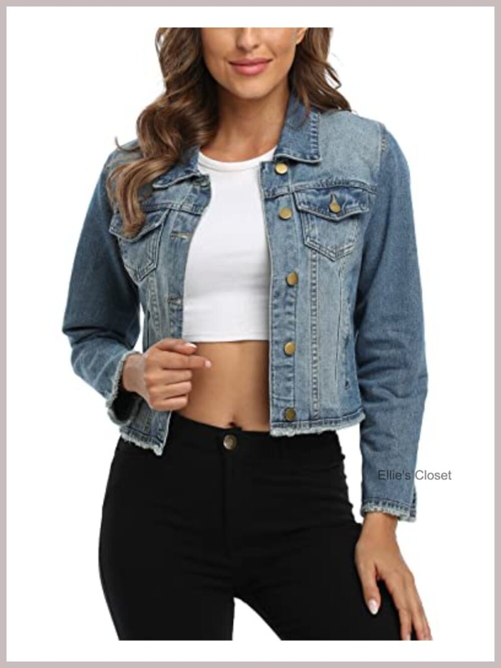 Frayed Washed 100% Cotton Cropped Denim Jacket Button Up with Pockets
